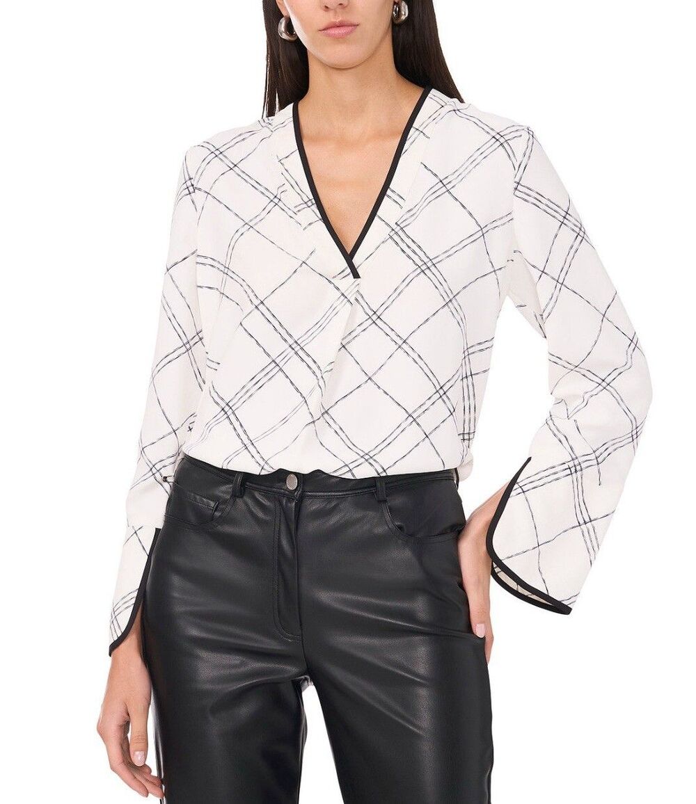 NWT Vince Camuto Top LS Split Cuff White with Black Geometric Pattern 3XL